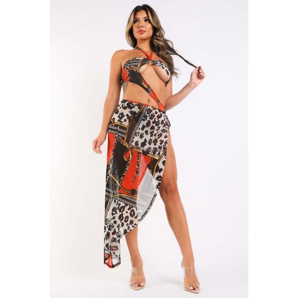 Women's Printed Mesh Cover Up Set Lace Up O Ring Strappy Halter Neck Maxi Skirt - Picture 4 of 11